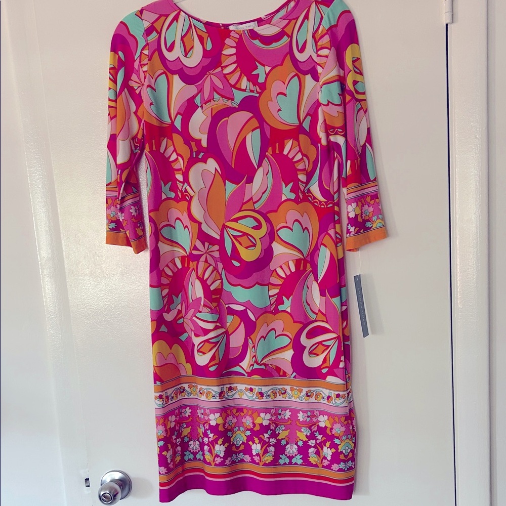 London Times Pink and Orange Floral Long Sleeve Dress